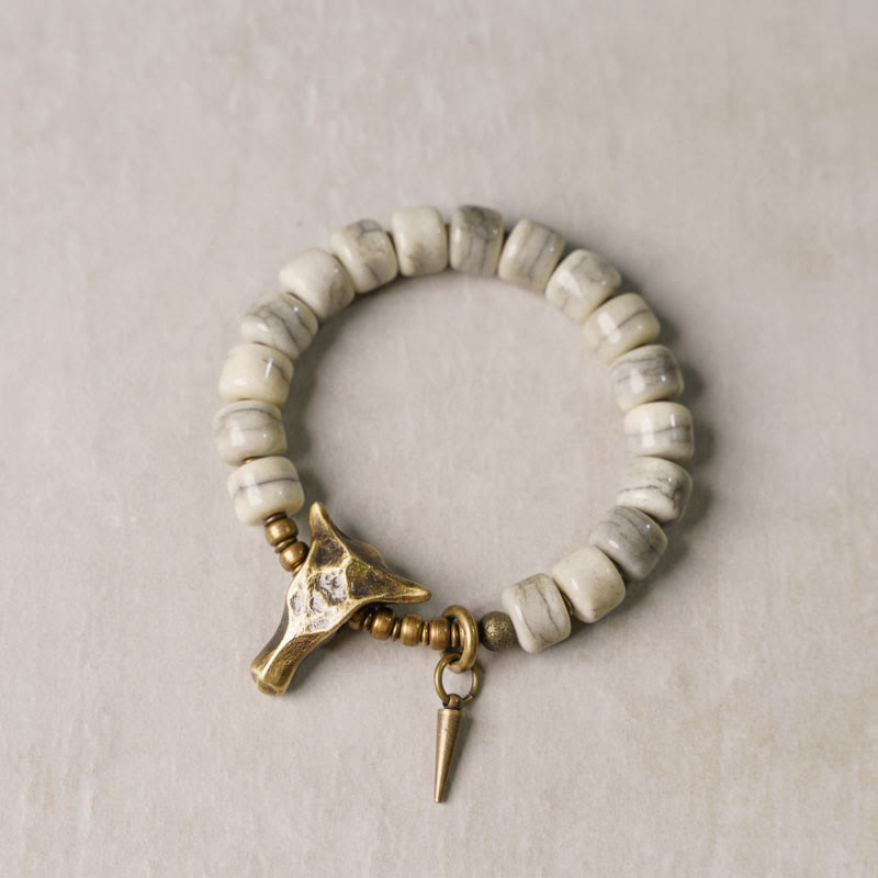 Pulsera de equilibrio con colgante de cabeza de yak de cobre y hueso de yak blanco con piedras de Buda