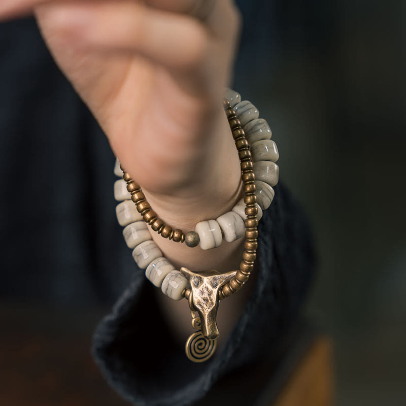 Buddha Stones Weißer Yakknochen Kupfer Yakkopf Doppelwickel-Balancearmband