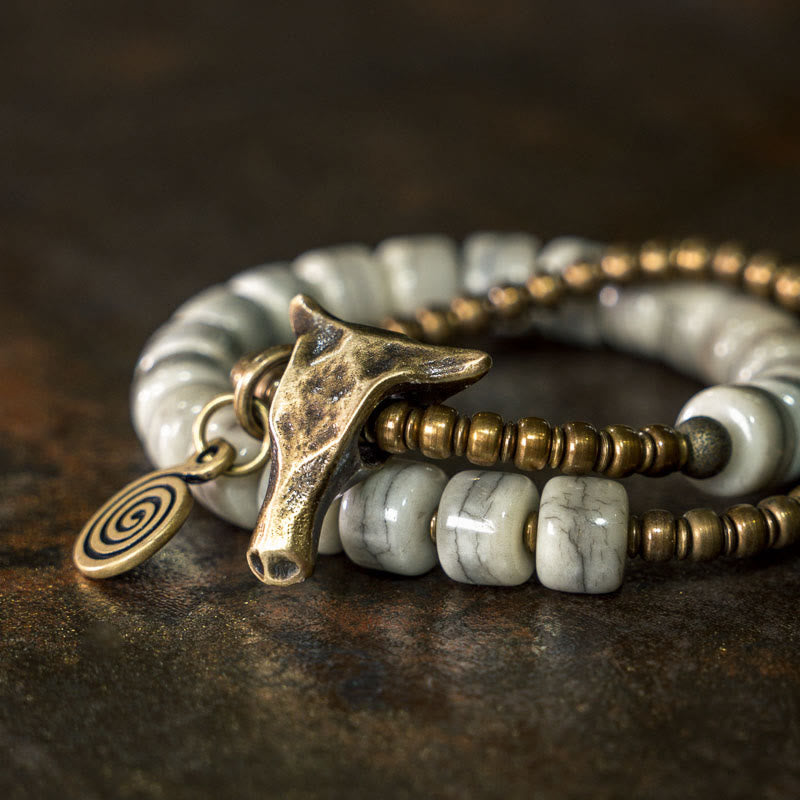 Buddha Stones Weißer Yakknochen Kupfer Yakkopf Doppelwickel-Balancearmband