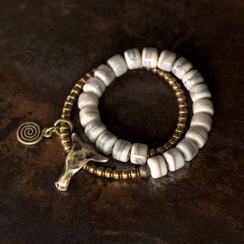 Buddha Stones Weißer Yakknochen Kupfer Yakkopf Doppelwickel-Balancearmband