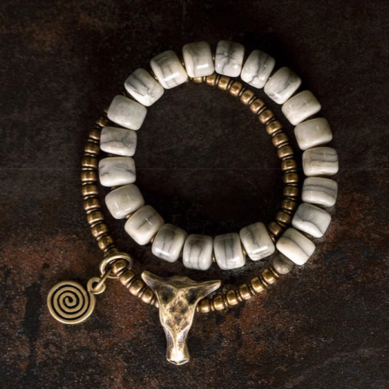 Buddha Stones Weißer Yakknochen Kupfer Yakkopf Doppelwickel-Balancearmband