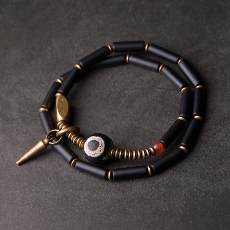 Pulsera de protección de doble vuelta con colgante de cono de cuentas Dzi de cobre y ónix negro de Buda