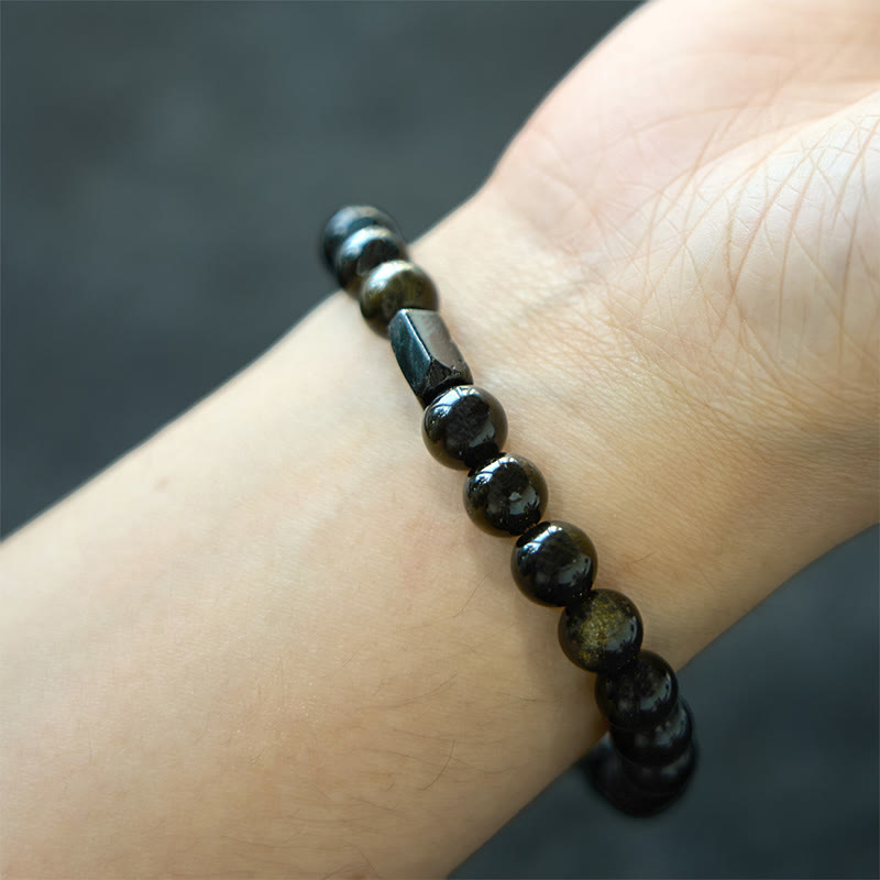 Buddha Stones Gold Sheen Obsidian Schwarzer Turmalin Reichtum Armband