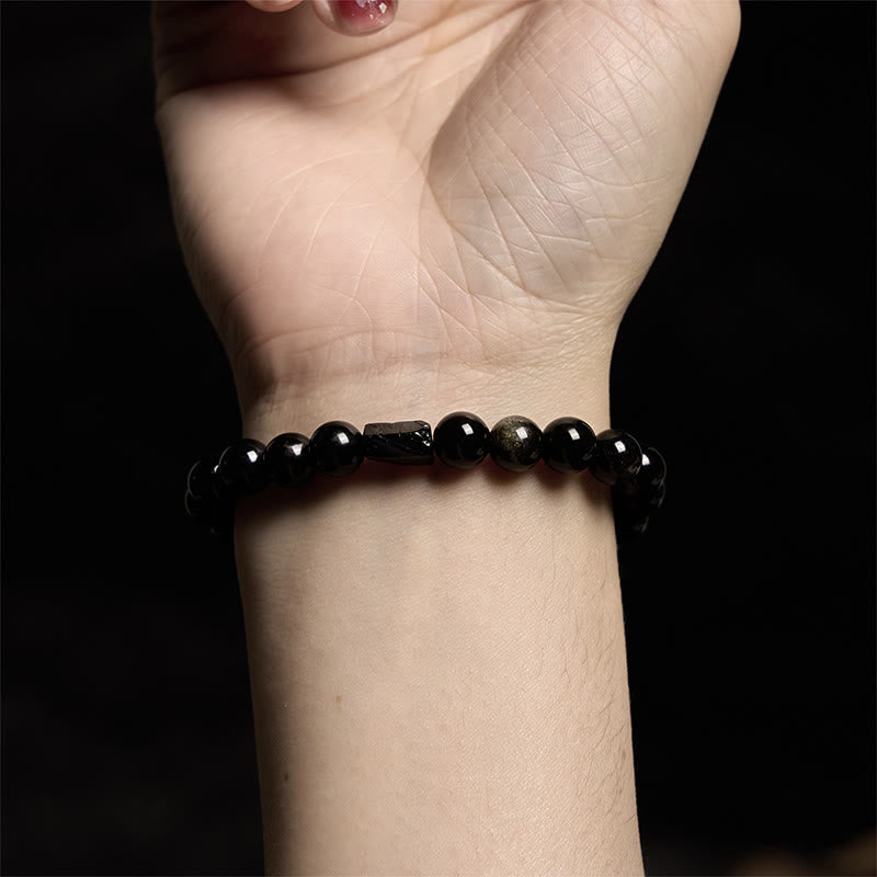 Buddha Stones Gold Sheen Obsidian Schwarzer Turmalin Reichtum Armband