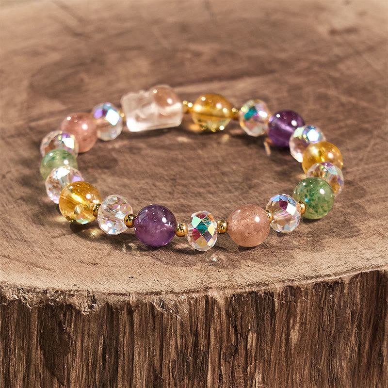 Pulsera de la suerte con piedras de Buda PiXiu, cristal blanco, citrino, cuarzo fresa verde y amatista