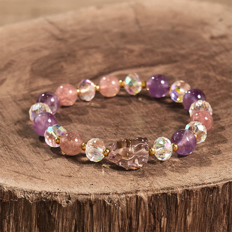 Pulsera de meditación con piedras de Buda, amatista, cuarzo fresa, cristal blanco y zorro de nueve colas