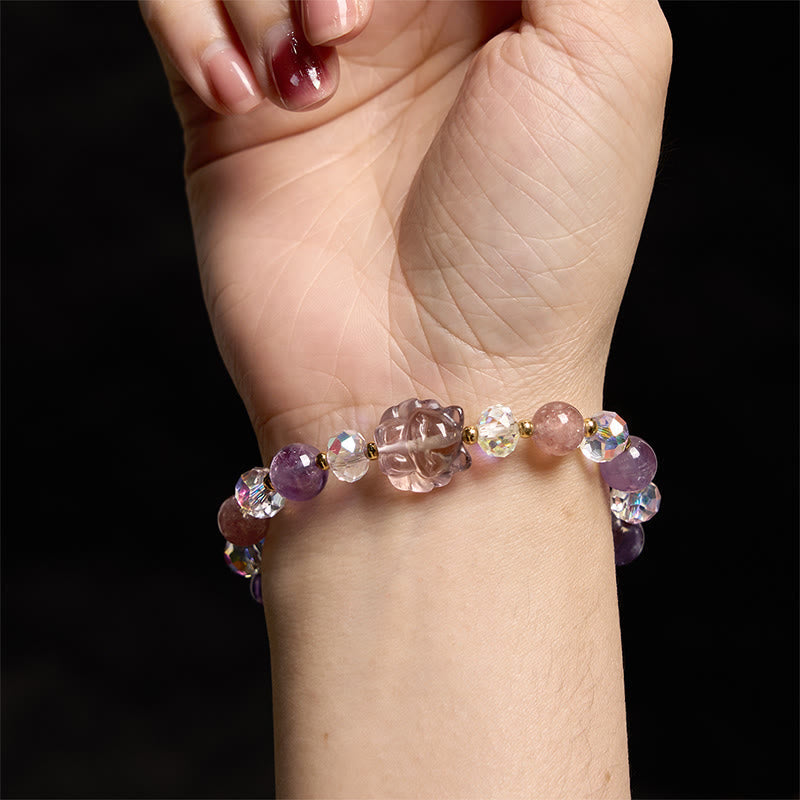 Pulsera de meditación con piedras de Buda, amatista, cuarzo fresa, cristal blanco y zorro de nueve colas