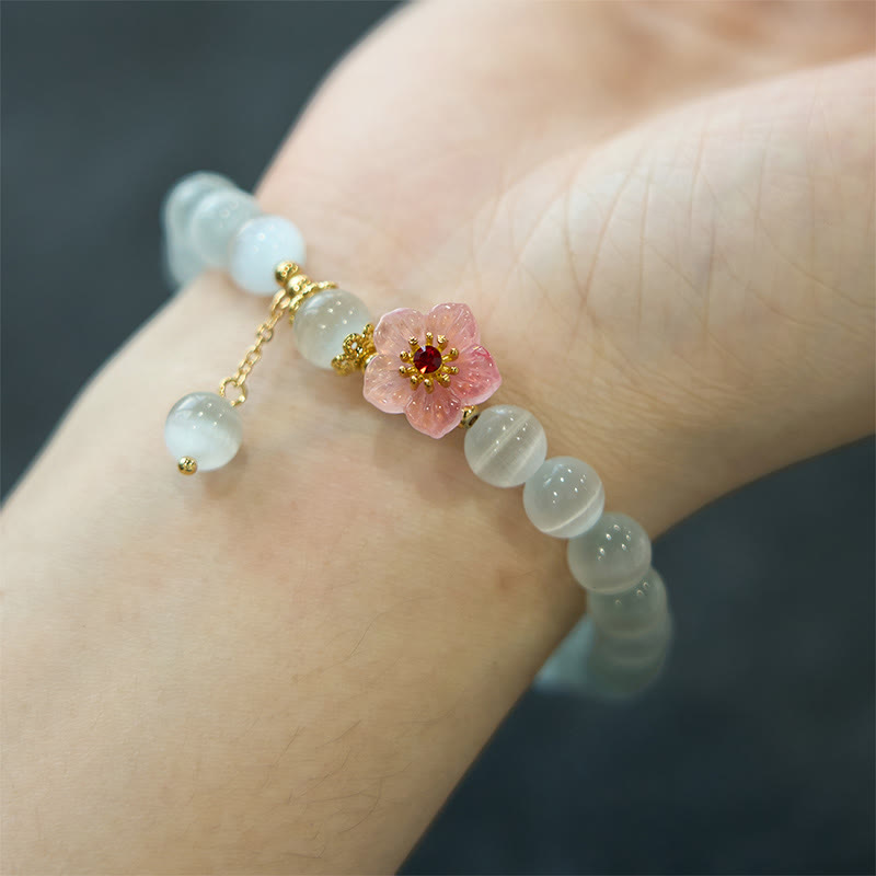 Pulsera de soporte con piedras de Buda, crisoberilo, ojo de gato y flores rosas