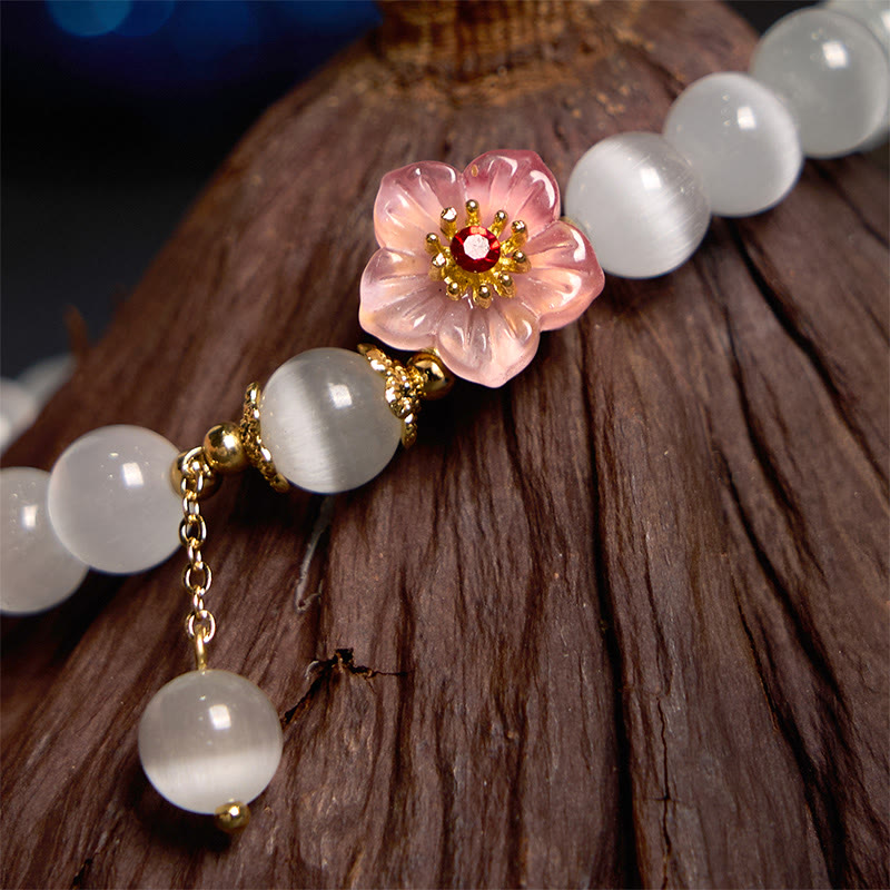 Pulsera de soporte con piedras de Buda, crisoberilo, ojo de gato y flores rosas