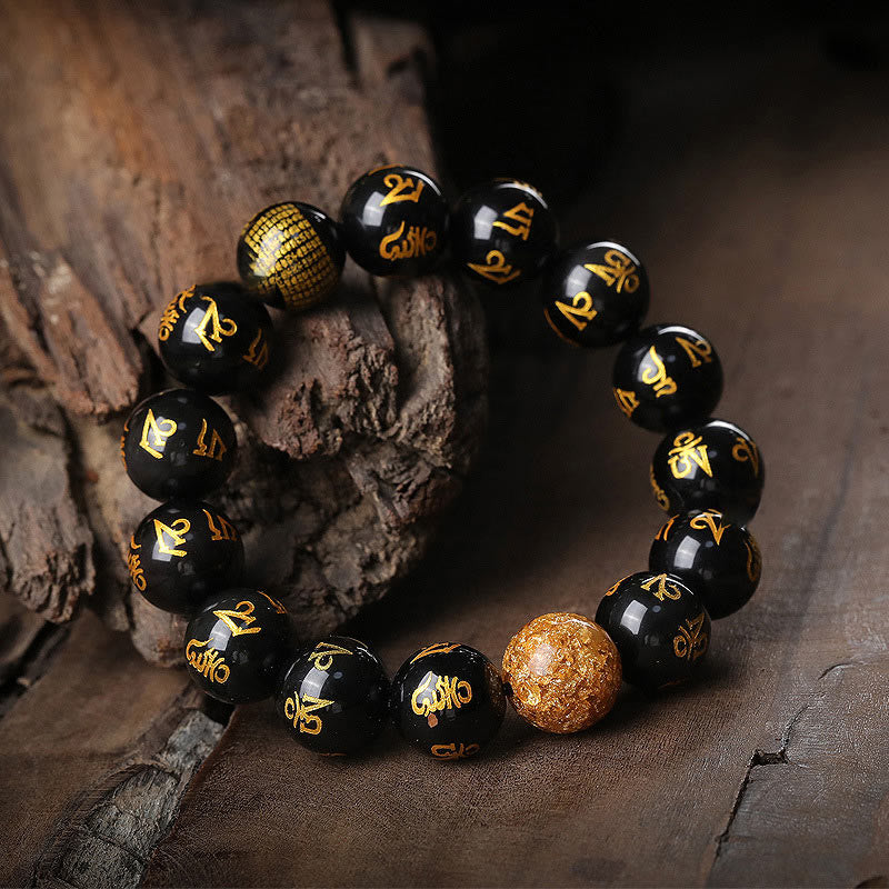Pulsera creativa de obsidiana arcoíris y lámina dorada con seis palabras verdaderas de Buda, Om Mani Padme Hum