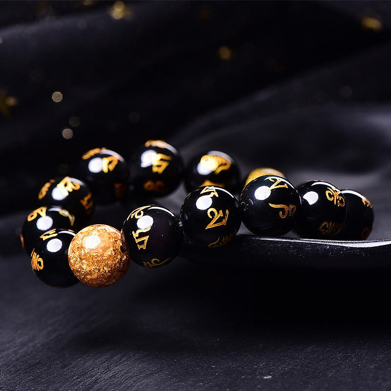 Pulsera creativa de obsidiana arcoíris y lámina dorada con seis palabras verdaderas de Buda, Om Mani Padme Hum