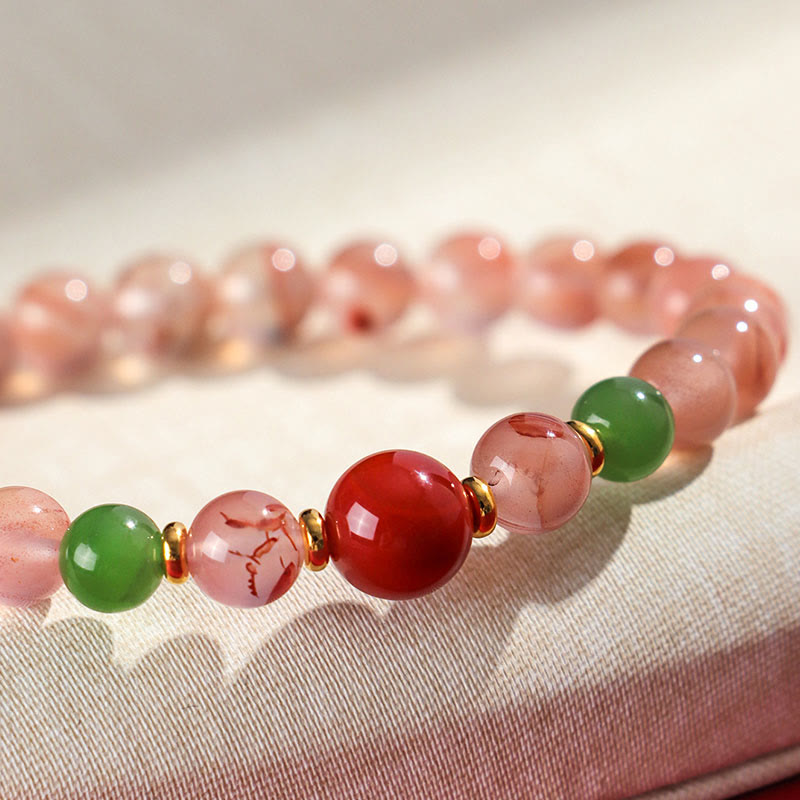 Pulsera de la suerte de jade hetiano con orquídea mariposa y ágata roja del sur de Buddha Stones
