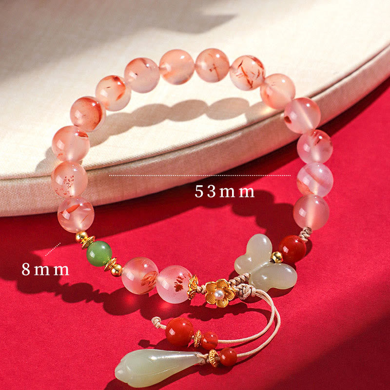 Pulsera de la suerte de jade hetiano con orquídea mariposa y ágata roja del sur de Buddha Stones