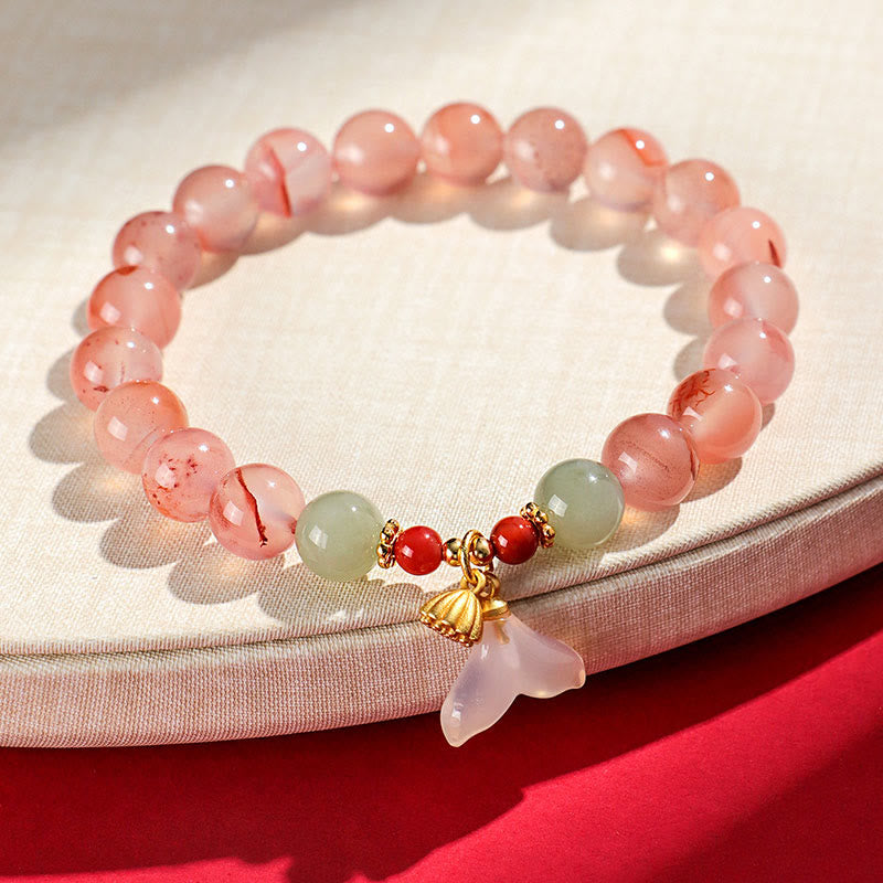 Pulsera de la suerte de jade hetiano con orquídea mariposa y ágata roja del sur de Buddha Stones