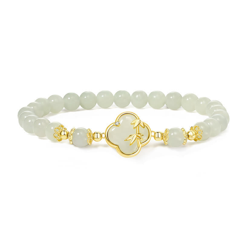 Pulsera de la suerte de bambú con trébol de cuatro hojas y jade hetiano de Buda en plata de ley 925