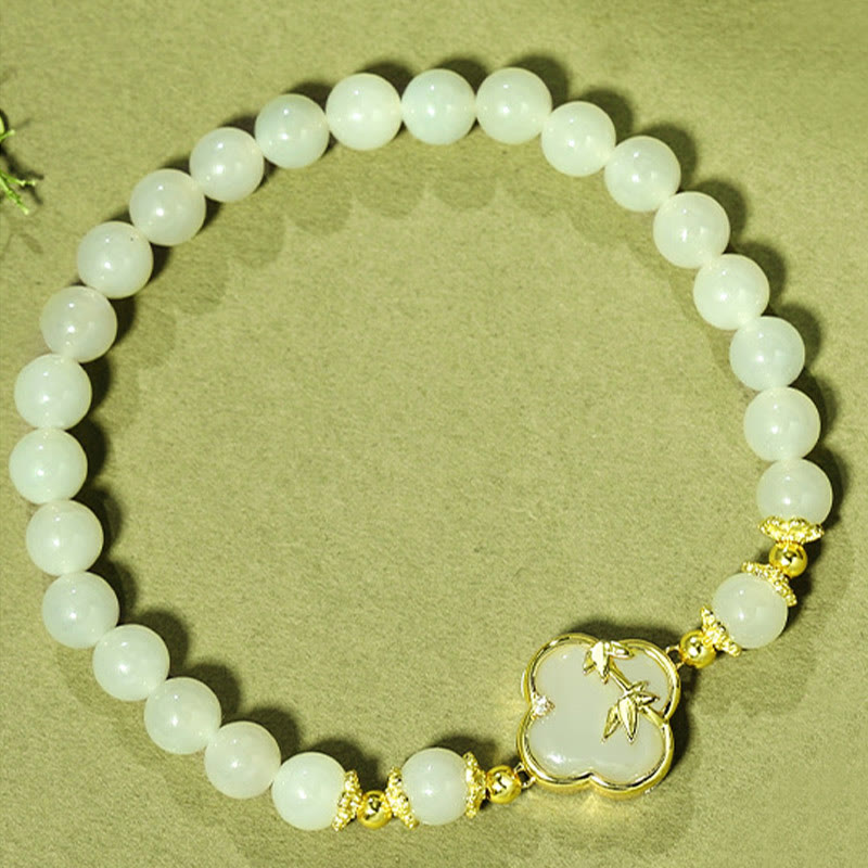 Pulsera de la suerte de bambú con trébol de cuatro hojas y jade hetiano de Buda en plata de ley 925