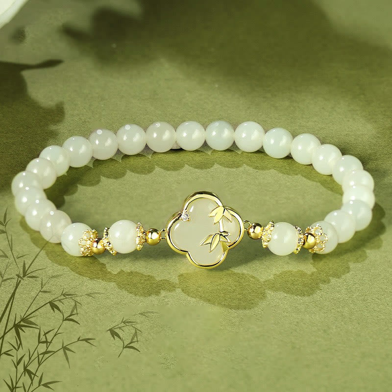 Pulsera de la suerte de bambú con trébol de cuatro hojas y jade hetiano de Buda en plata de ley 925