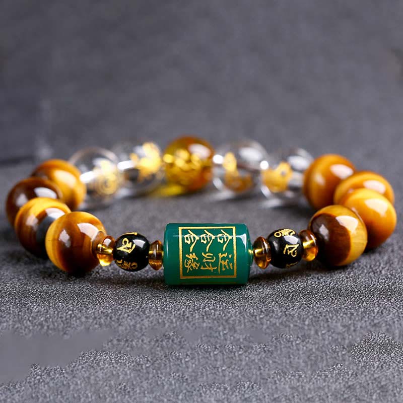 Pulsera de coraje de cristal blanco con ojo de tigre del zodíaco chino y piedras de Buda