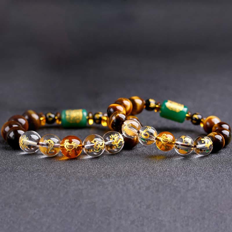 Pulsera de coraje de cristal blanco con ojo de tigre del zodíaco chino y piedras de Buda