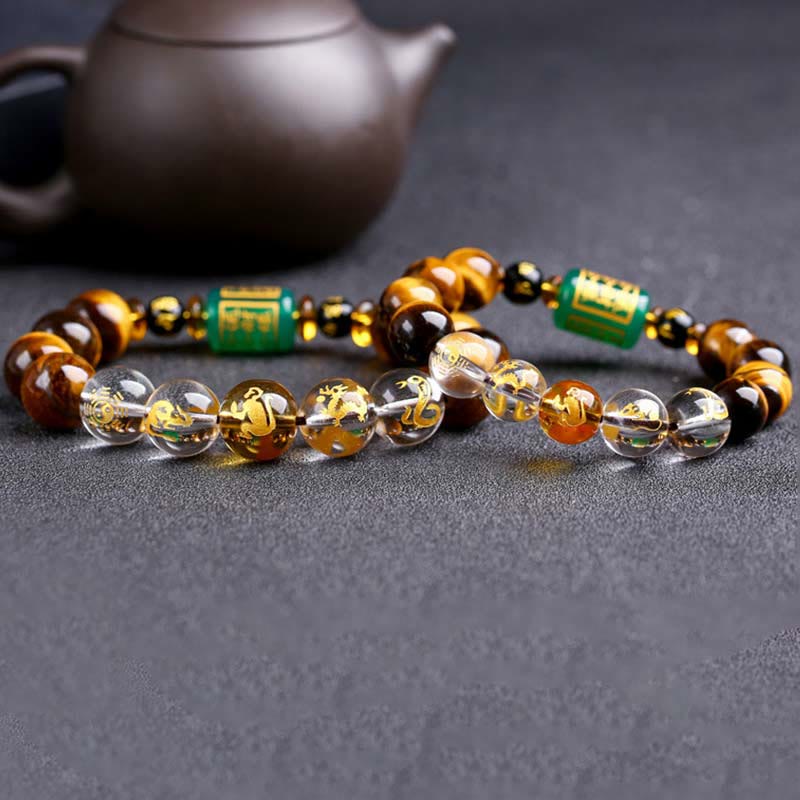 Pulsera de coraje de cristal blanco con ojo de tigre del zodíaco chino y piedras de Buda