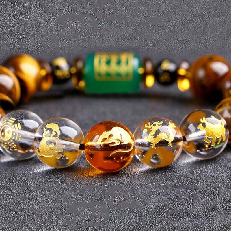 Pulsera de coraje de cristal blanco con ojo de tigre del zodíaco chino y piedras de Buda
