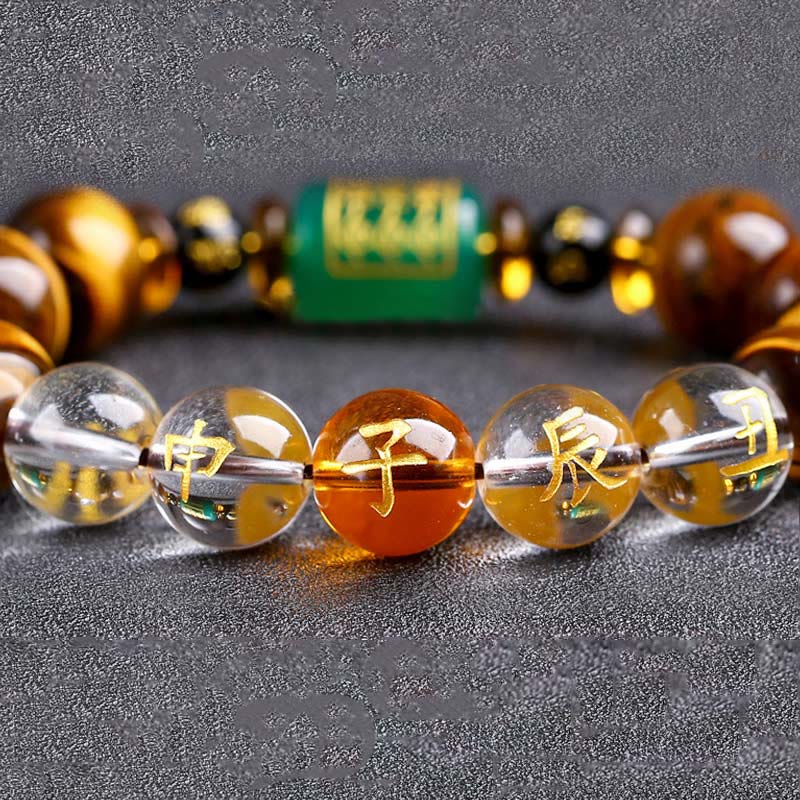 Pulsera de coraje de cristal blanco con ojo de tigre del zodíaco chino y piedras de Buda