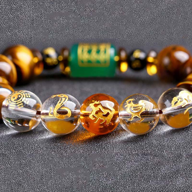 Pulsera de coraje de cristal blanco con ojo de tigre del zodíaco chino y piedras de Buda