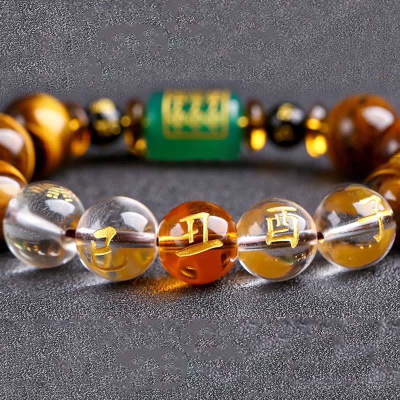 Pulsera de coraje de cristal blanco con ojo de tigre del zodíaco chino y piedras de Buda