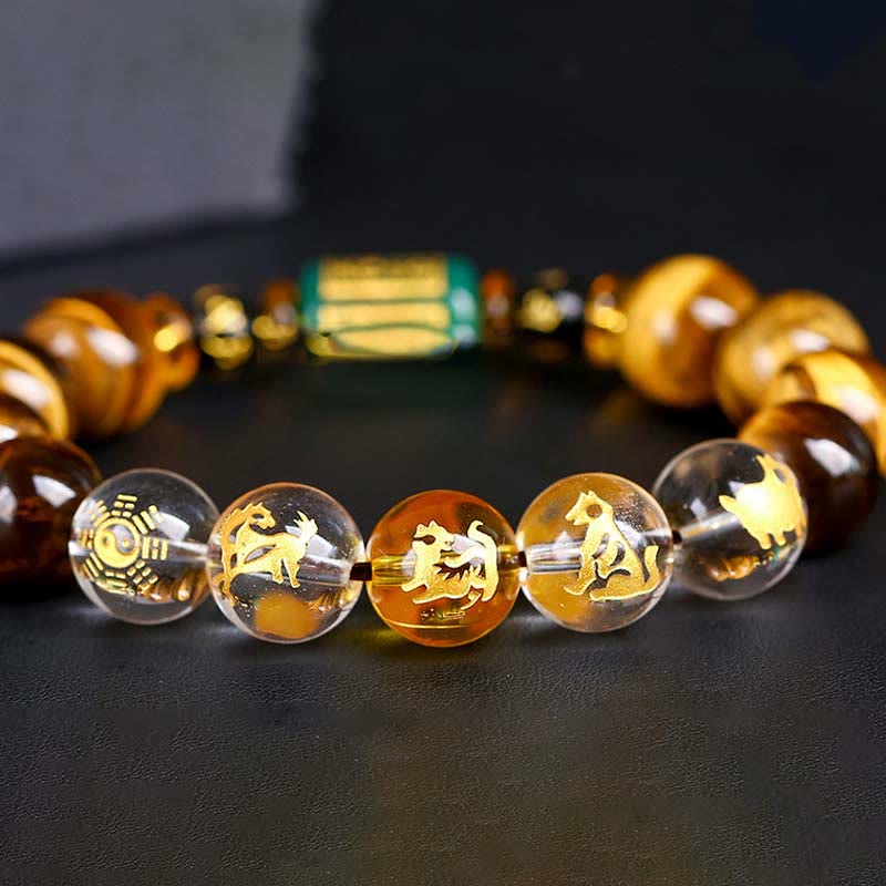 Pulsera de coraje de cristal blanco con ojo de tigre del zodíaco chino y piedras de Buda