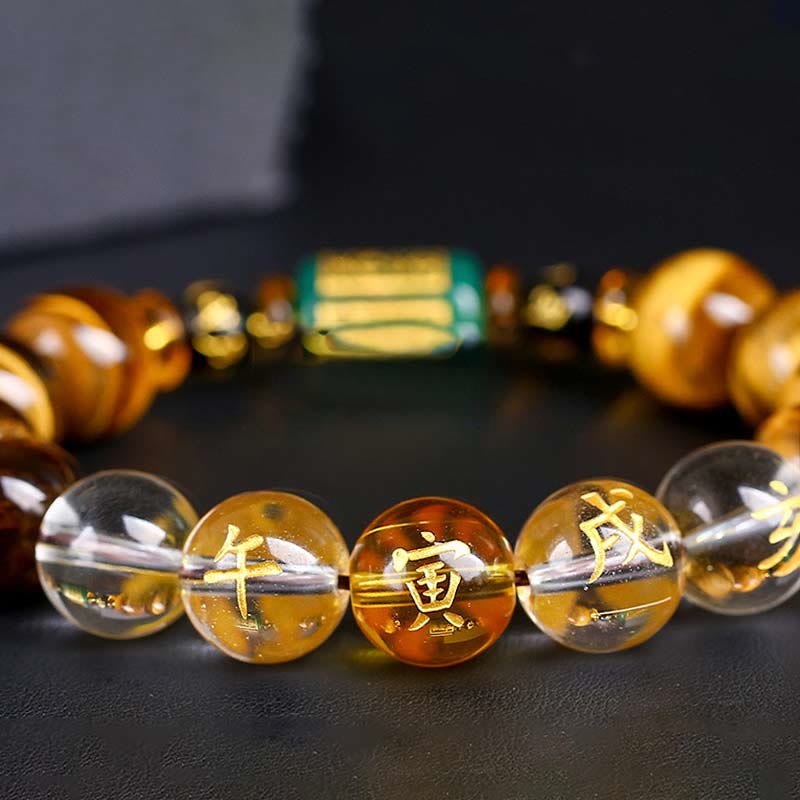 Pulsera de coraje de cristal blanco con ojo de tigre del zodíaco chino y piedras de Buda