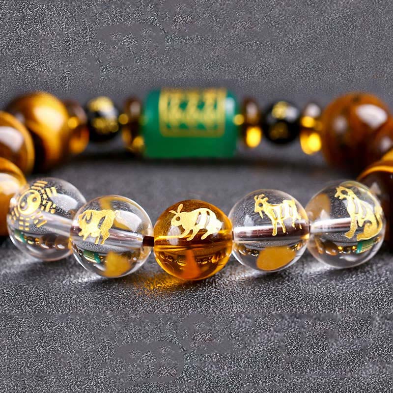 Pulsera de coraje de cristal blanco con ojo de tigre del zodíaco chino y piedras de Buda