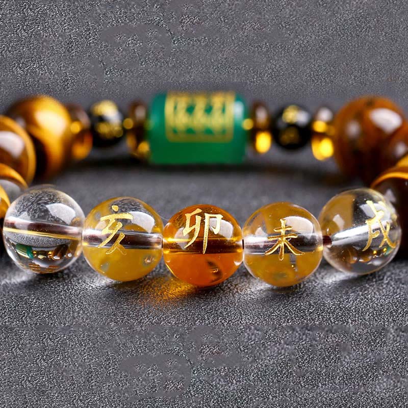 Pulsera de coraje de cristal blanco con ojo de tigre del zodíaco chino y piedras de Buda