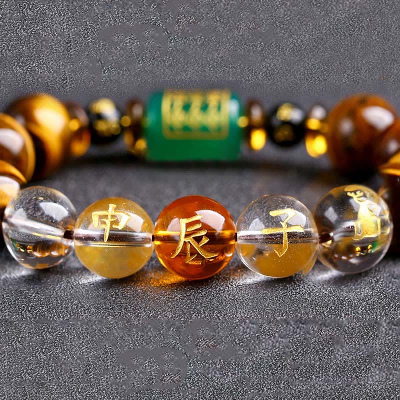 Pulsera de coraje de cristal blanco con ojo de tigre del zodíaco chino y piedras de Buda