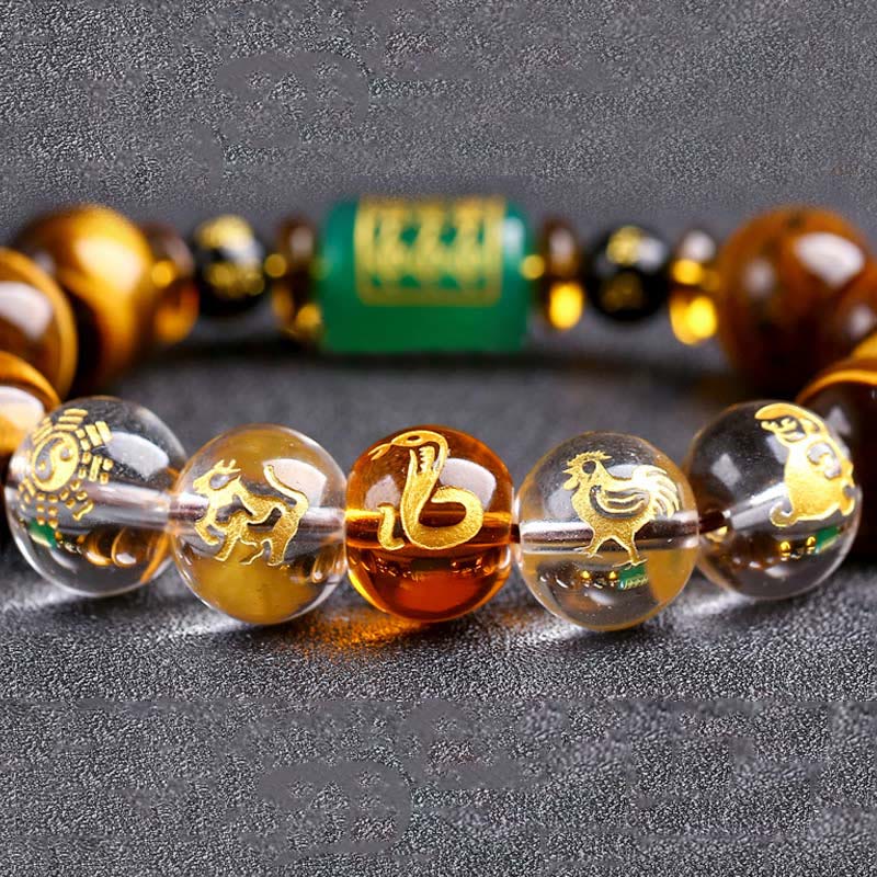 Pulsera de coraje de cristal blanco con ojo de tigre del zodíaco chino y piedras de Buda