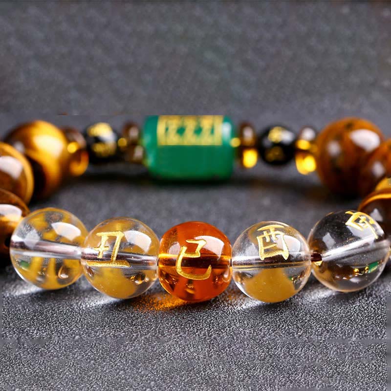 Pulsera de coraje de cristal blanco con ojo de tigre del zodíaco chino y piedras de Buda