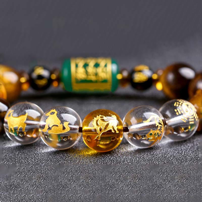 Pulsera de coraje de cristal blanco con ojo de tigre del zodíaco chino y piedras de Buda