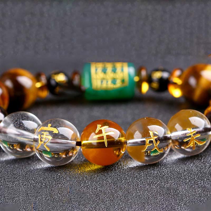 Pulsera de coraje de cristal blanco con ojo de tigre del zodíaco chino y piedras de Buda