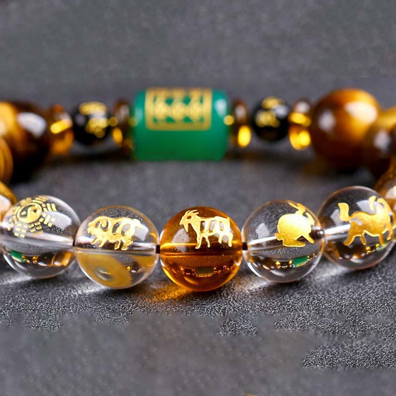 Pulsera de coraje de cristal blanco con ojo de tigre del zodíaco chino y piedras de Buda