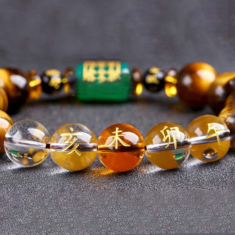Pulsera de coraje de cristal blanco con ojo de tigre del zodíaco chino y piedras de Buda