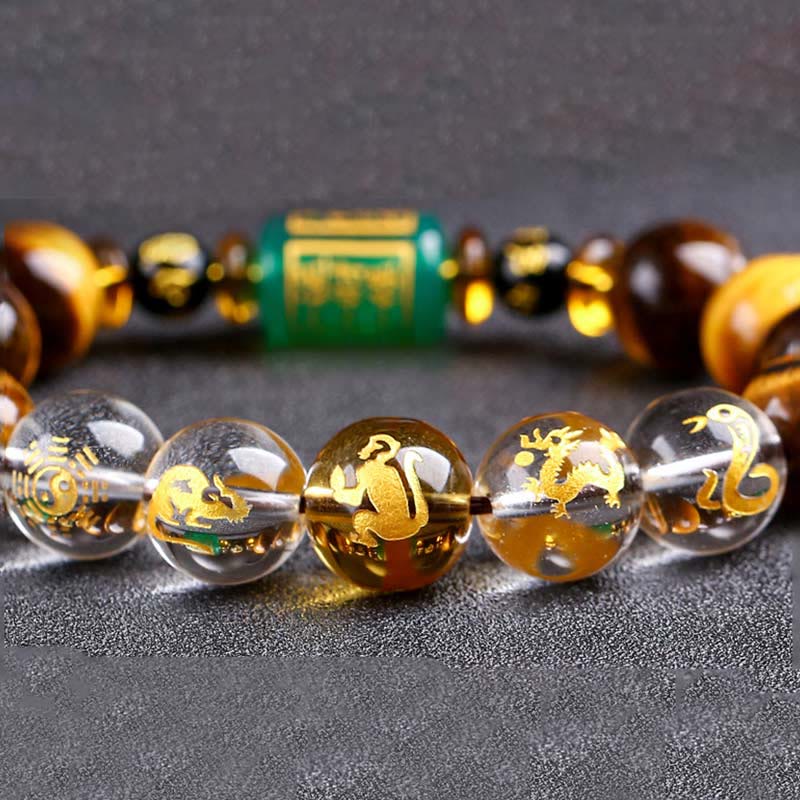 Pulsera de coraje de cristal blanco con ojo de tigre del zodíaco chino y piedras de Buda