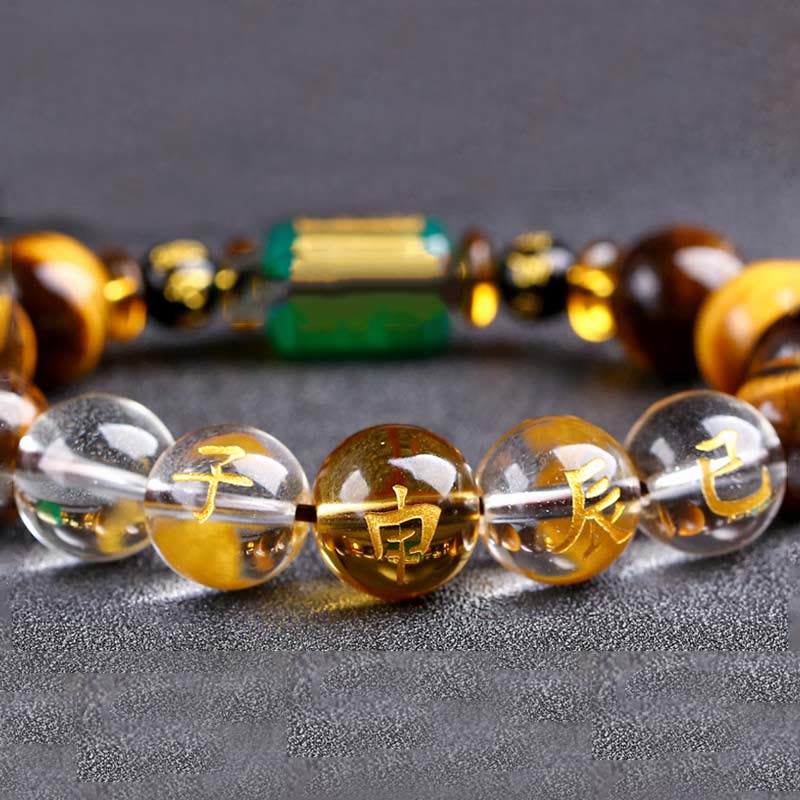 Pulsera de coraje de cristal blanco con ojo de tigre del zodíaco chino y piedras de Buda