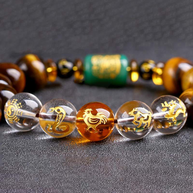 Pulsera de coraje de cristal blanco con ojo de tigre del zodíaco chino y piedras de Buda