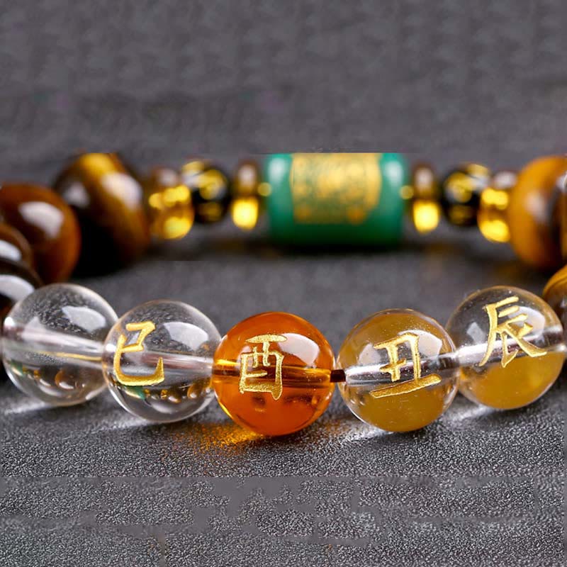 Pulsera de coraje de cristal blanco con ojo de tigre del zodíaco chino y piedras de Buda