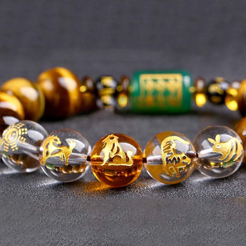 Pulsera de coraje de cristal blanco con ojo de tigre del zodíaco chino y piedras de Buda
