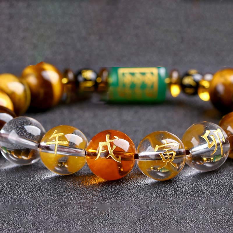 Pulsera de coraje de cristal blanco con ojo de tigre del zodíaco chino y piedras de Buda
