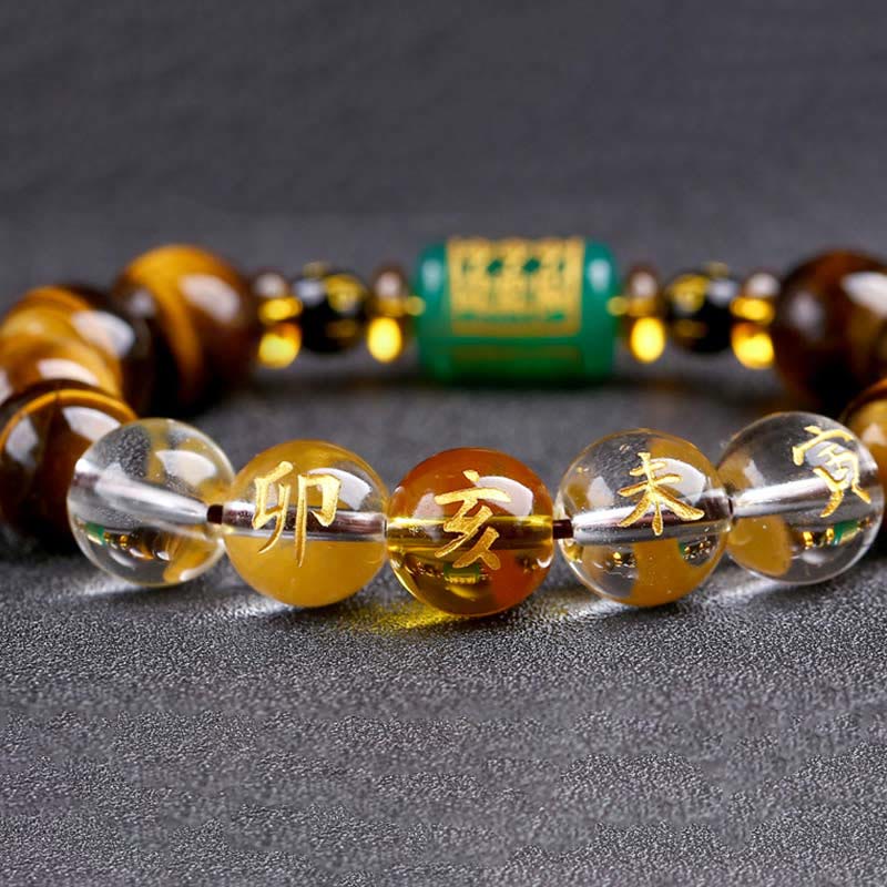 Pulsera de coraje de cristal blanco con ojo de tigre del zodíaco chino y piedras de Buda