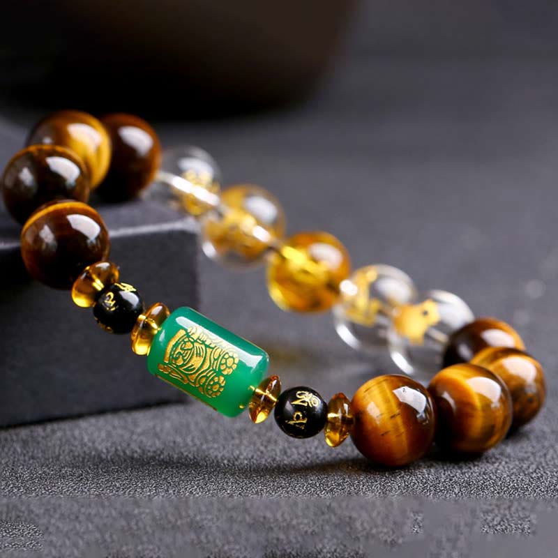 Pulsera de coraje de cristal blanco con ojo de tigre del zodíaco chino y piedras de Buda