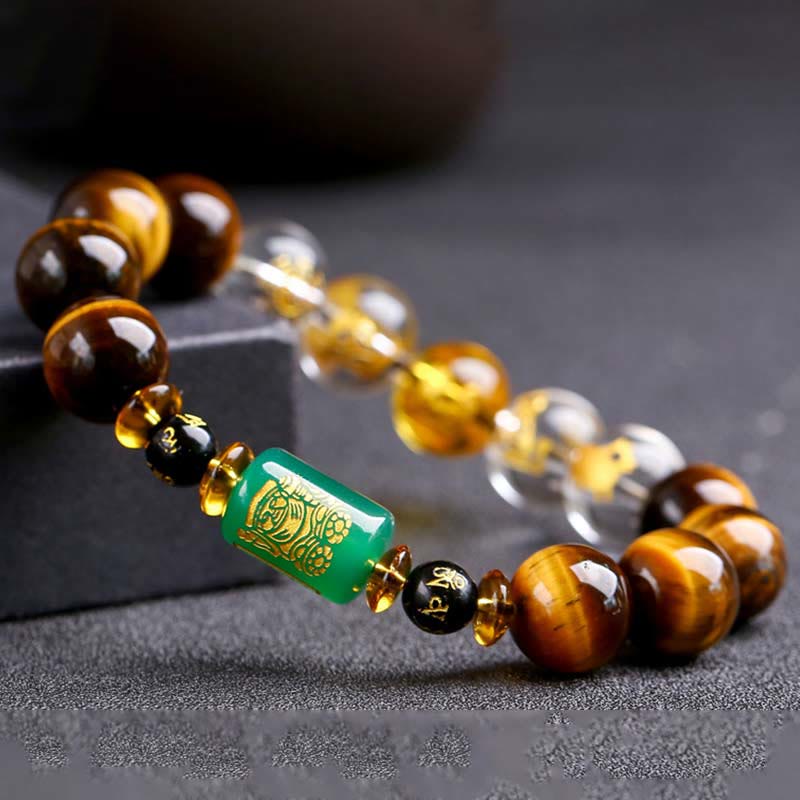 Pulsera de coraje de cristal blanco con ojo de tigre del zodíaco chino y piedras de Buda