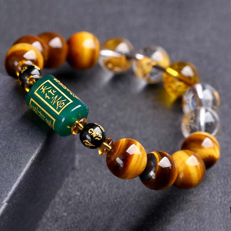 Pulsera de coraje de cristal blanco con ojo de tigre del zodíaco chino y piedras de Buda