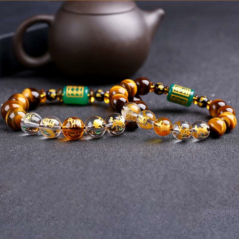 Pulsera de coraje de cristal blanco con ojo de tigre del zodíaco chino y piedras de Buda